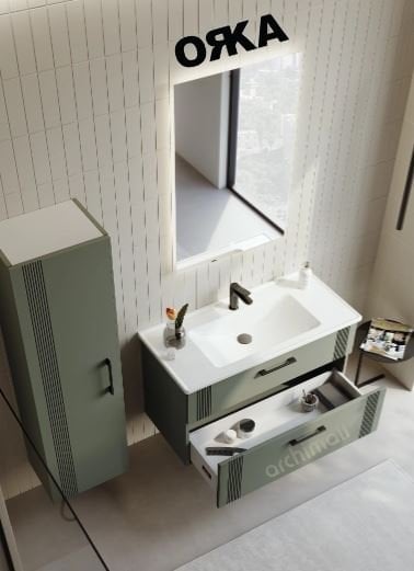 Orka Bari 100 Etajerli Asma Banyo Dolabı LED Aynalı