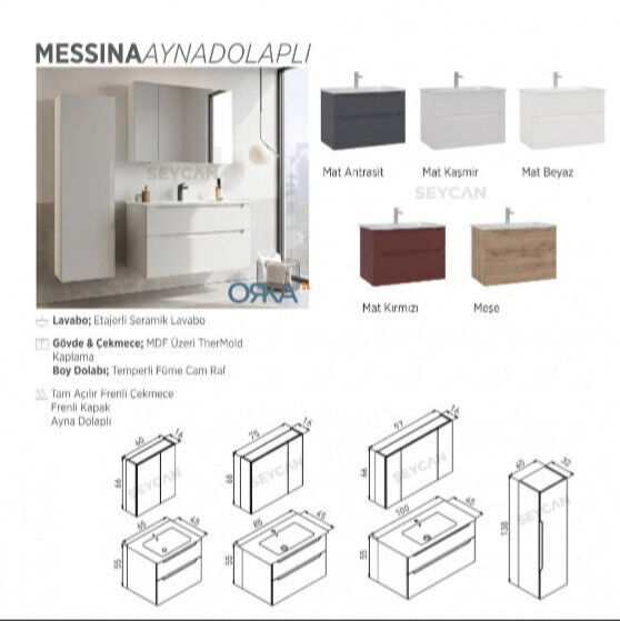 Orka Messina Ayna Dolaplı Banyo Dolabı 100 cm