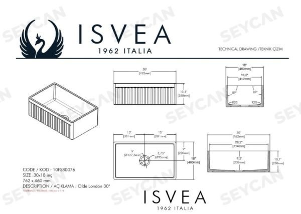 İsvea Ledro 76 cm Tek Hazneli Seramik Evye