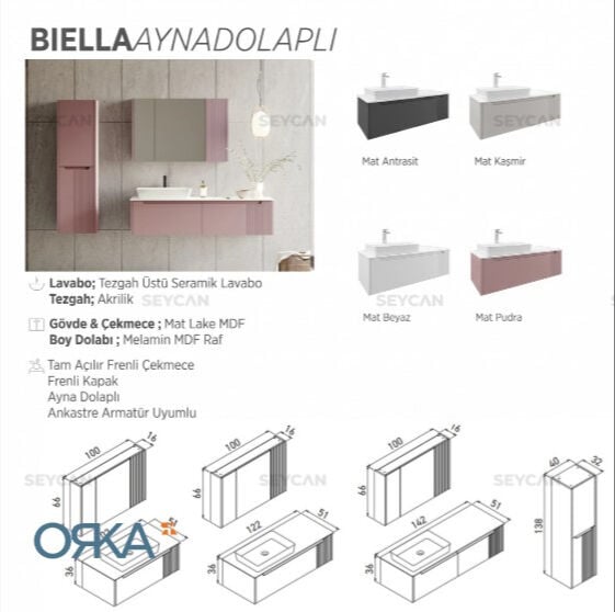 Orka Biella 140 cm Ayna Dolaplı Banyo Dolabı