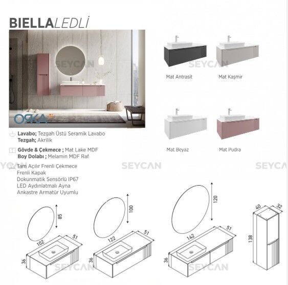 Orka Biella Led Aynalı 120 cm Banyo Dolabı